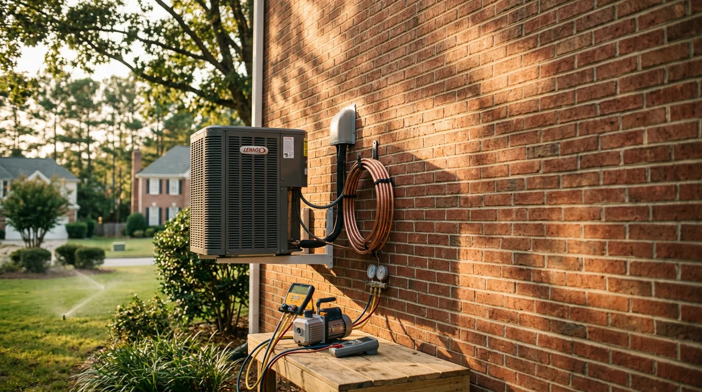 Air conditioning unit being serviced by HVAC technician