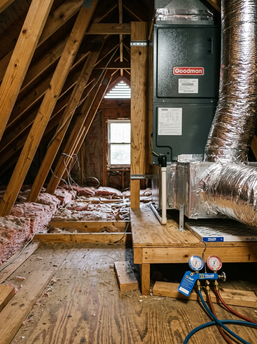 Ductwork and attic air handler being inspected in a residential home in Auburn, Georgia