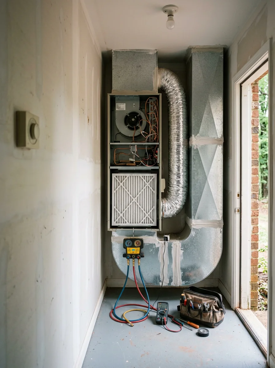 Technician inspecting an indoor air handler and ductwork in a residential home in Berkeley Lake, Georgia