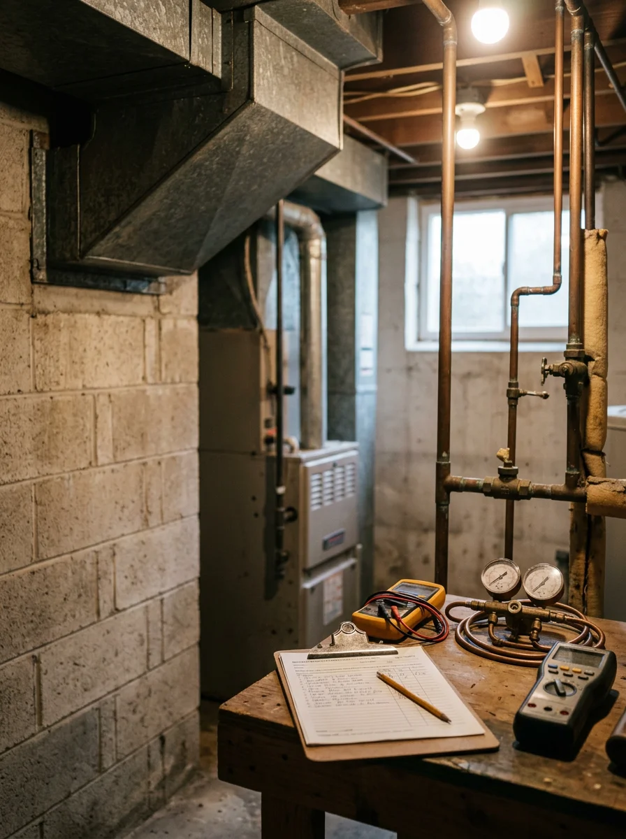 Furnace inspection inside an older Buford, GA home with original ductwork visible in the utility room.