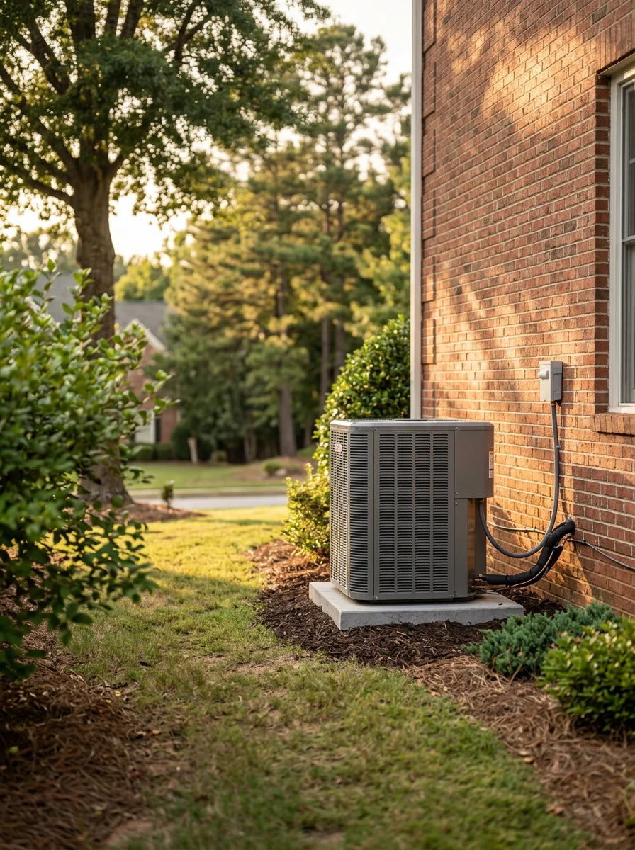 Outdoor AC condenser unit beside a brick home in a Cumming, GA master-planned community with mature trees in the background.