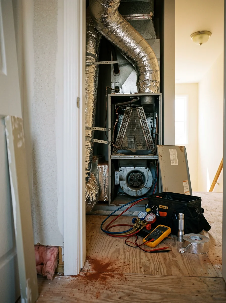 Indoor air handler and ductwork inspection in a two-story home in Dacula, Georgia