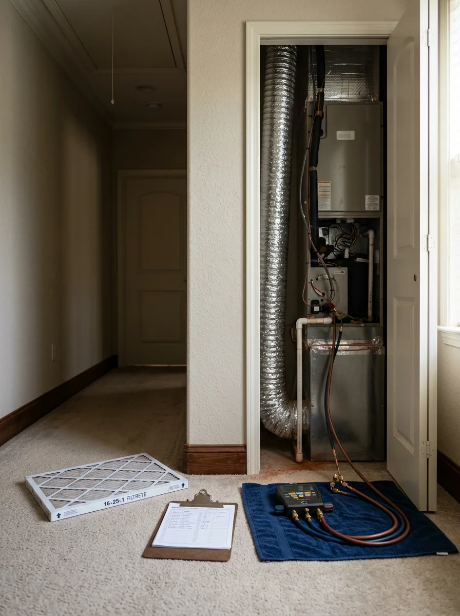 Technician checking an indoor air handler and ductwork in a Duluth, Georgia home