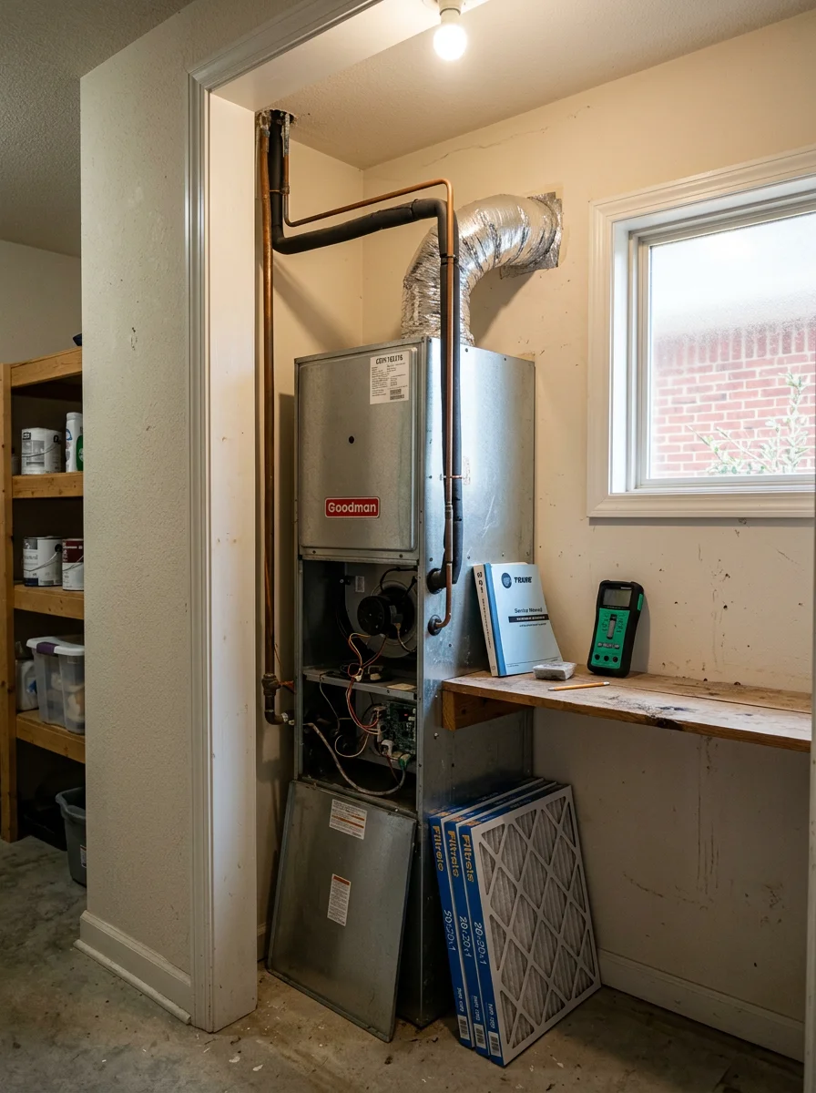 Technician inspecting an indoor air handler in a Flowery Branch, Georgia home