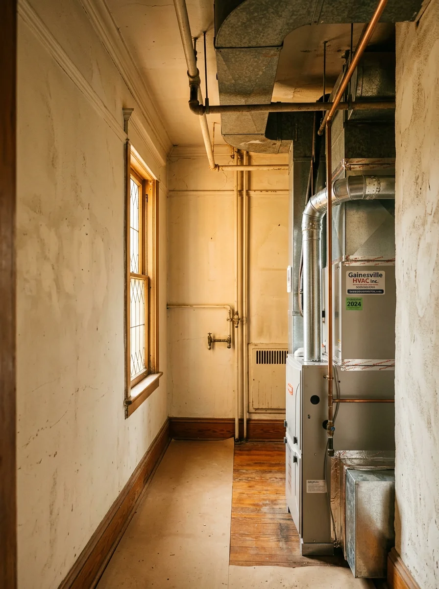 Furnace replacement in progress inside an older historic in-town home in Gainesville, GA with original ductwork visible in the background.