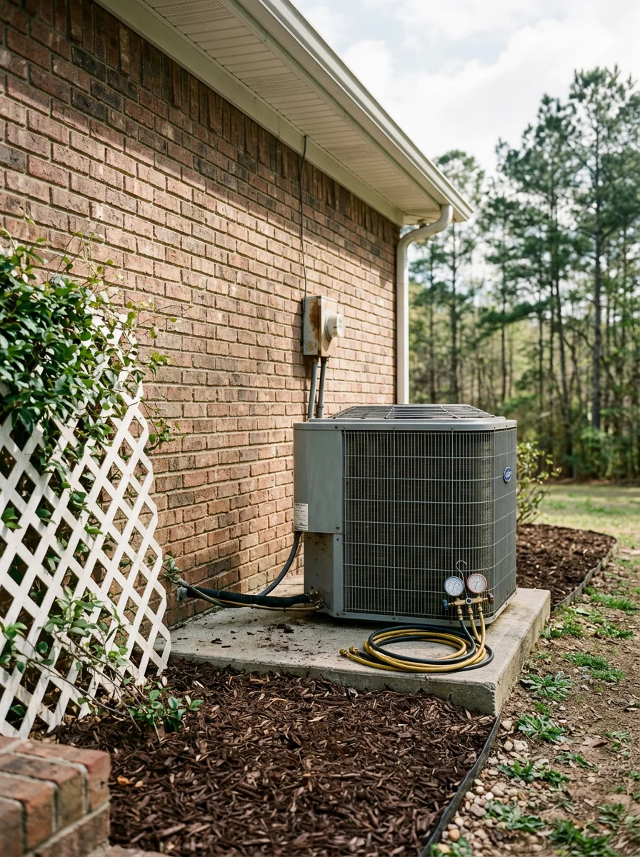 Technician inspecting an outdoor air conditioning condenser at a Grayson, GA home