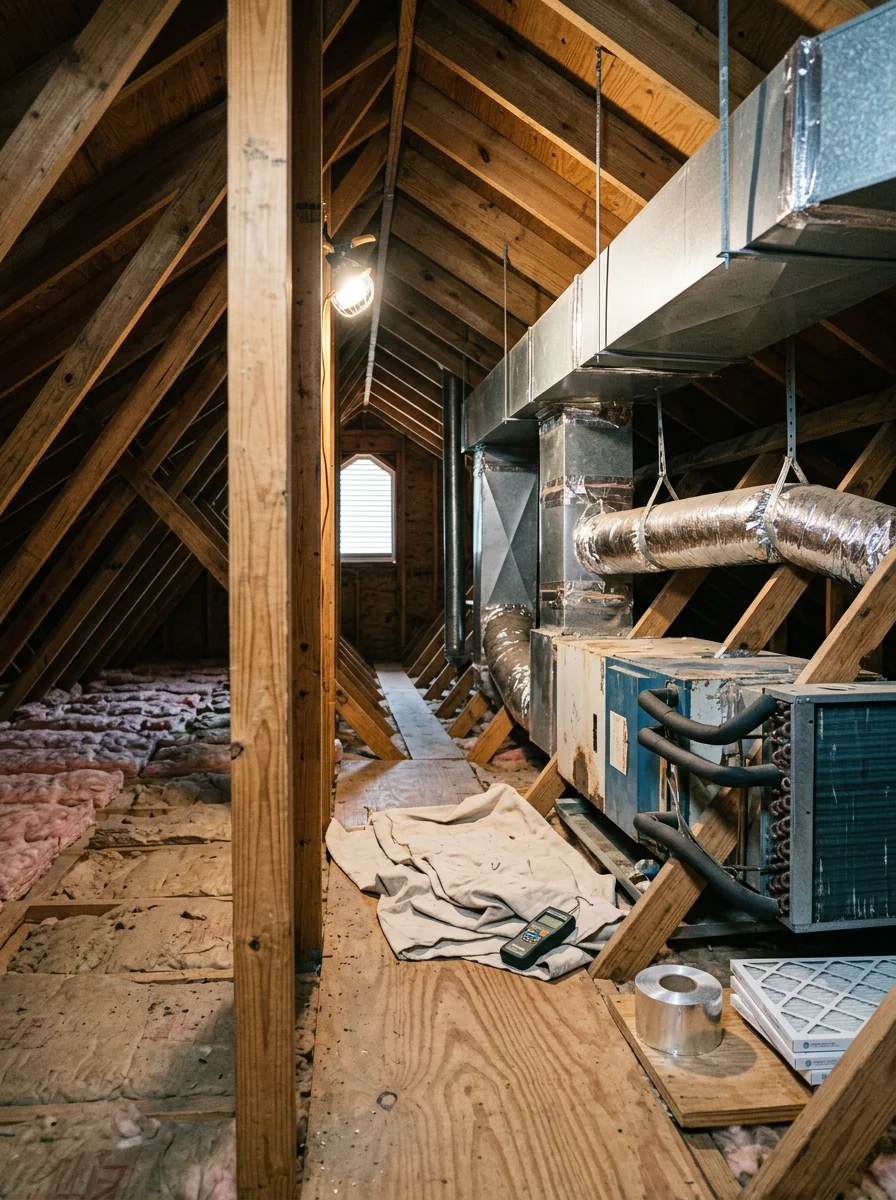 HVAC technician inspecting ductwork in an attic of a Johns Creek home