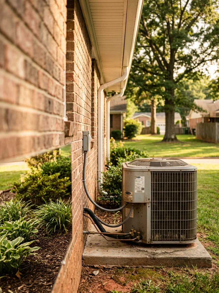 Outdoor AC unit beside a 1990s brick ranch home in a Lawrenceville, GA subdivision on a humid summer afternoon.