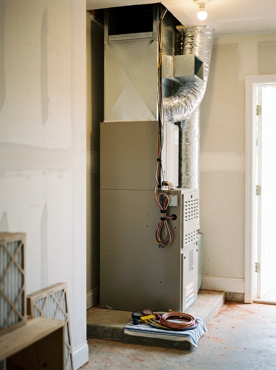 Indoor furnace and air handler in a Loganville, GA residential utility closet