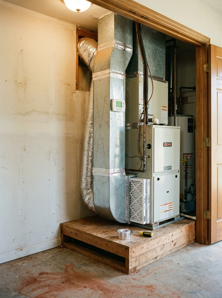 Indoor ductwork and air handler in a ranch-style home in Oakwood, Georgia