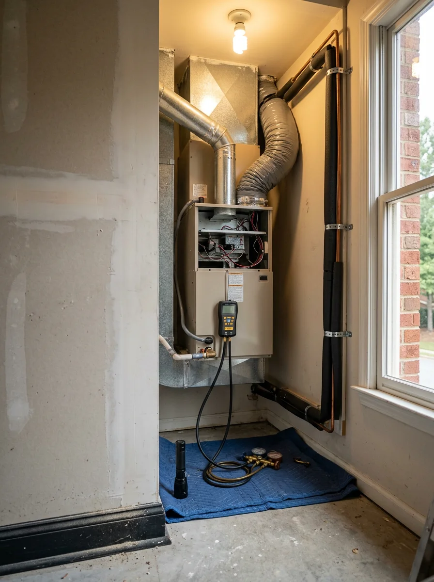 Indoor air handler and ductwork being inspected in a Peachtree Corners home