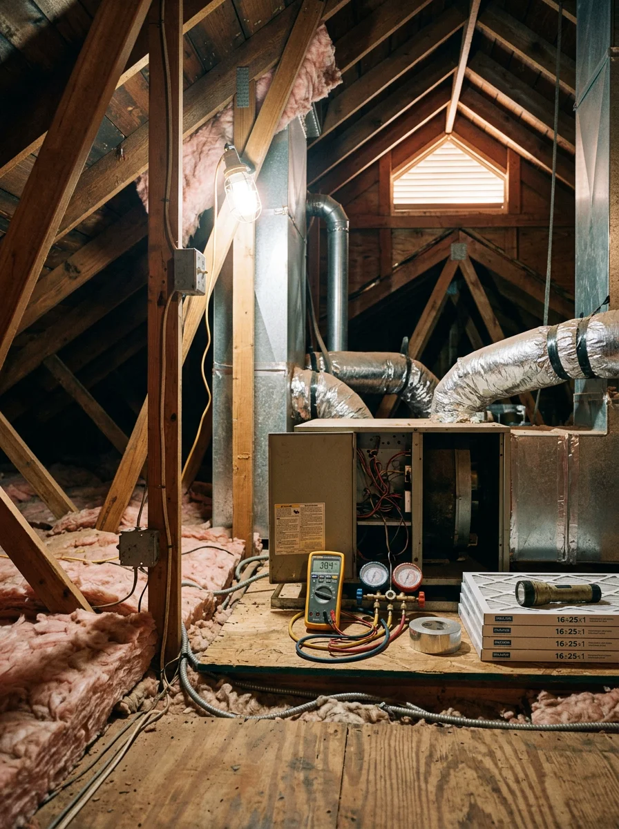 Indoor air handler and ductwork inspection in a Snellville, GA home attic