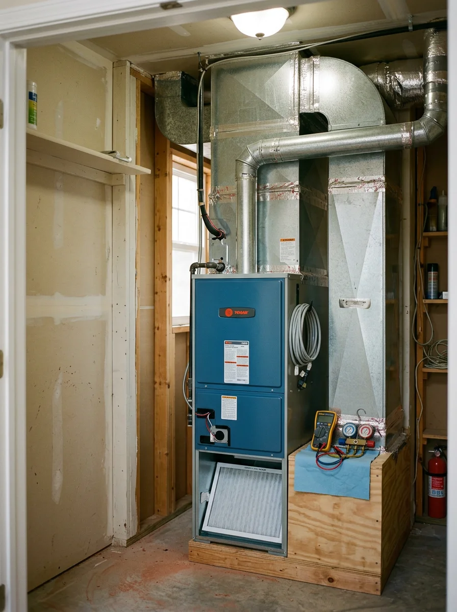 Indoor air handler and ductwork being inspected in a Sugar Hill, GA residence