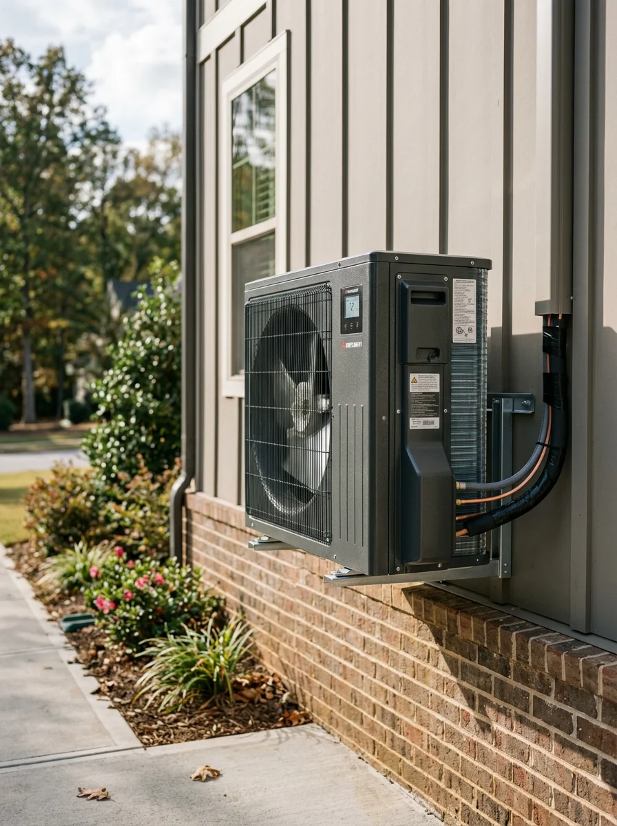 Close-up of a heat pump unit installed on the side of a newer construction home in a Suwanee, GA neighborhood.