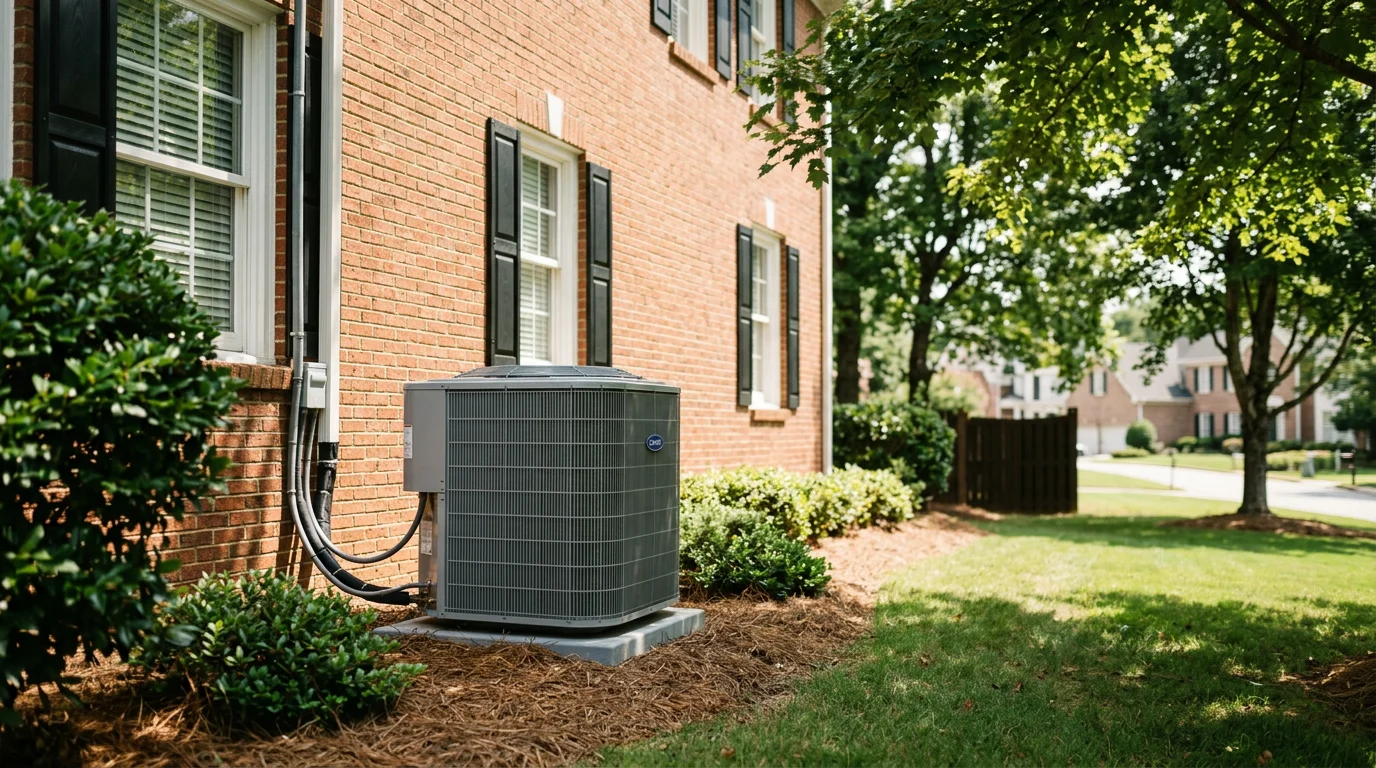 HVAC technician inspecting an outdoor air conditioning unit beside a large single-family home in a Suwanee, Georgia subdivision on a hot summer day.