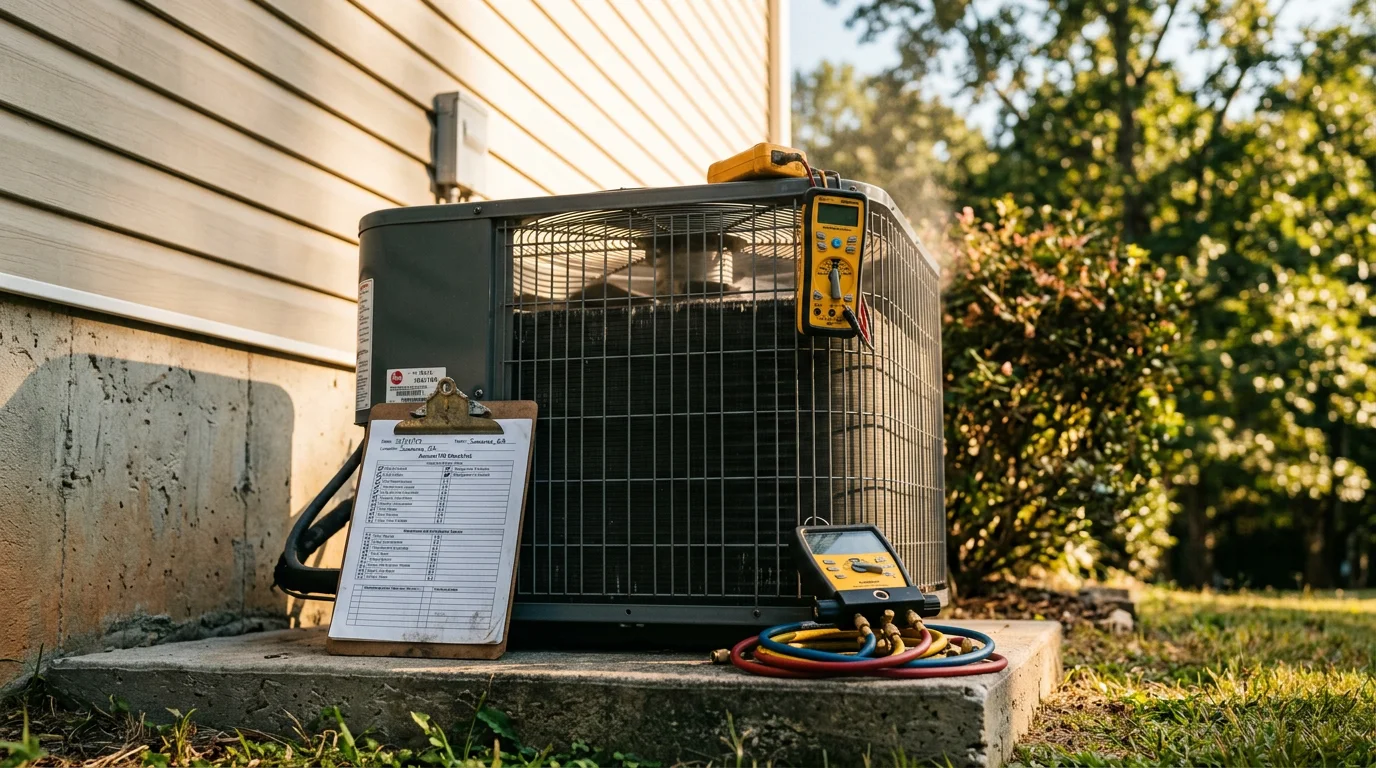 An HVAC technician performing A/C system maintenance on a residential outdoor condenser unit in a Suwanee, Georgia backyard. The technician inspects internal components on a clear summer day.