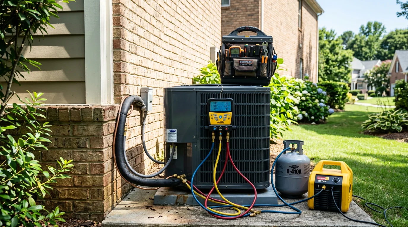 A residential A/C unit outside a home in Suwanee, Georgia, with an HVAC technician inspecting the condenser during a repair visit on a hot summer day.