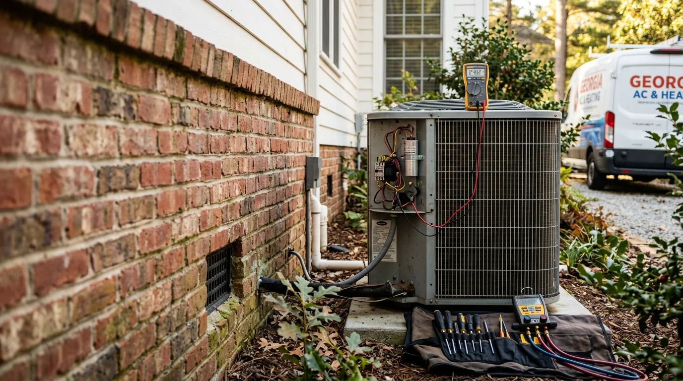 A Fair Air Heating and Air Conditioning technician inspecting an outdoor AC unit at a residential home in Suwanee, Georgia. The technician checks electrical connections and coil condition during a routine AC maintenance visit.