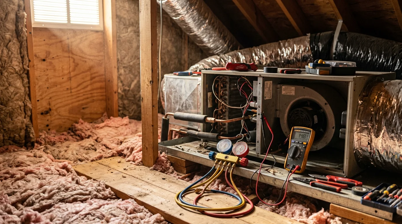 An HVAC technician inspecting a residential cooling unit outside a home in Suwanee, Georgia. The technician reviews the system components during a repair visit on a warm, humid Georgia day.