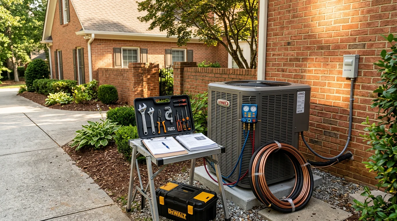 A newly installed residential air conditioning condenser unit sitting on a concrete pad beside a single-family home in Suwanee, Georgia. A Fair Air Heating and Air Conditioning technician checks the system connections during the final inspection.