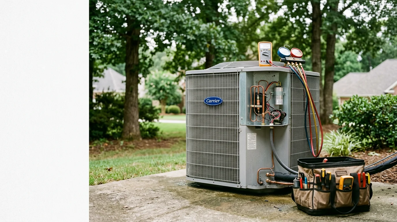 A Fair Air Heating and Air Conditioning technician inspecting an outdoor AC condenser unit at a residential home in Suwanee, Georgia. The technician checks refrigerant lines and electrical components on a sunny summer day.