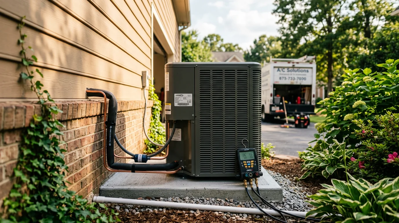 A new residential air conditioning unit installed outside a single-family home in Suwanee, Georgia, with clean refrigerant lines and a properly secured condenser pad. A Fair Air Heating and Air Conditioning technician inspects the completed installation on a warm Georgia afternoon.