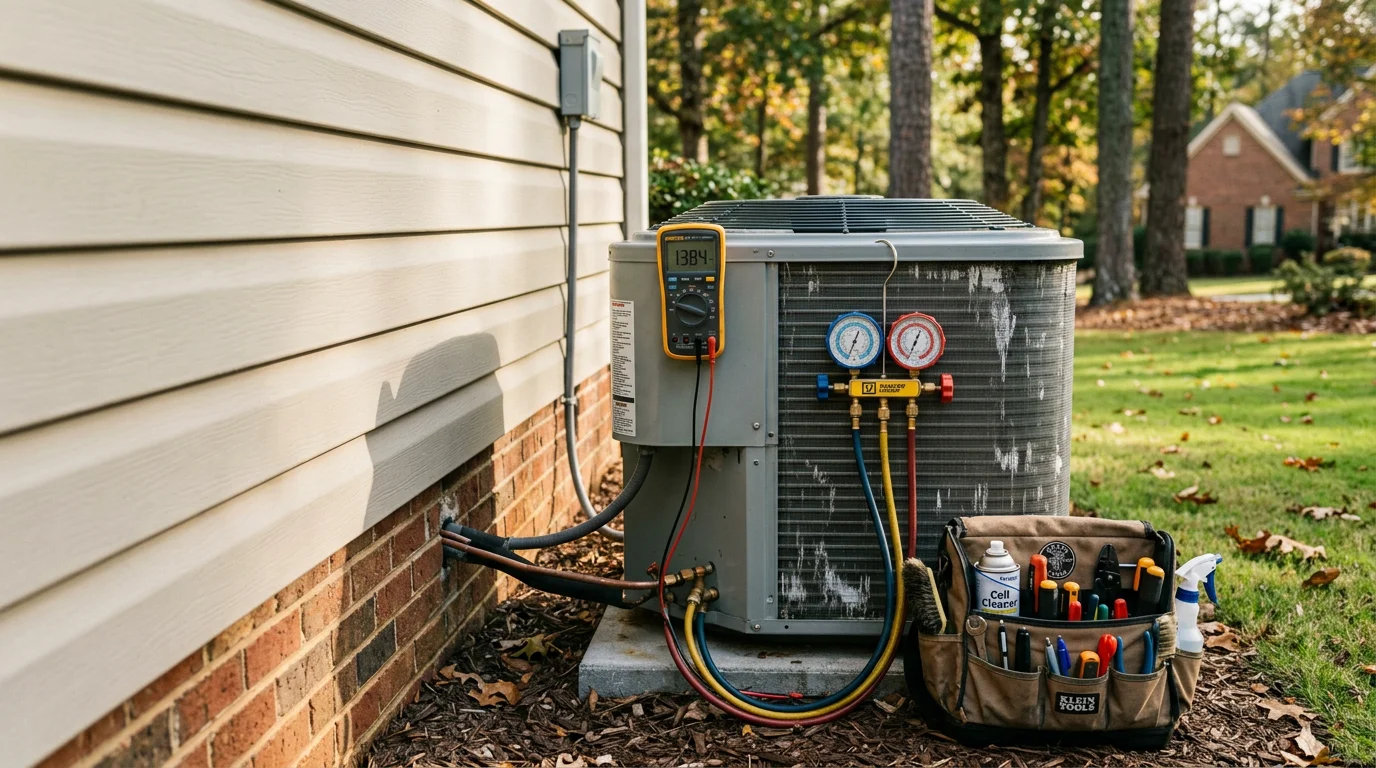 A Fair Air Heating and Air Conditioning technician inspecting an outdoor AC condenser unit at a residential home in Suwanee, Georgia. The technician checks internal components during a professional air conditioning tune-up visit.