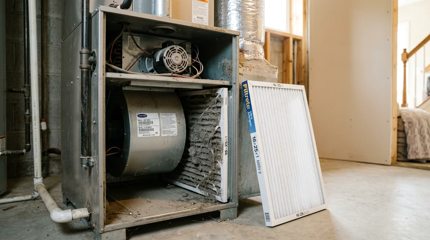 An HVAC technician holding a dirty air filter next to a clean replacement filter inside a Suwanee, Georgia home. The return air vent and residential hallway are visible in the background.