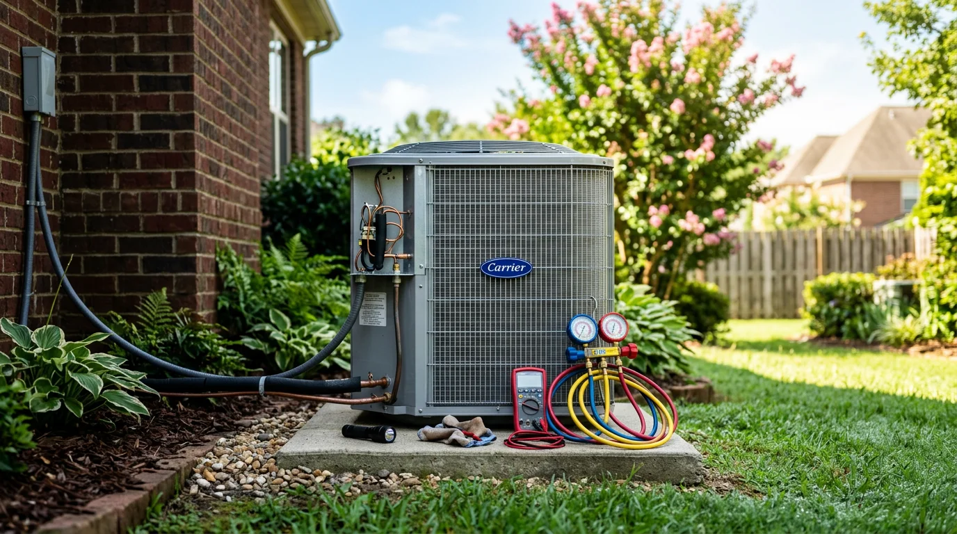 A Fair Air Heating and Air Conditioning technician inspecting a residential central air conditioning condenser unit outside a home in Suwanee, Georgia. The image shows the outdoor unit being serviced on a sunny summer day in a typical suburban backyard.