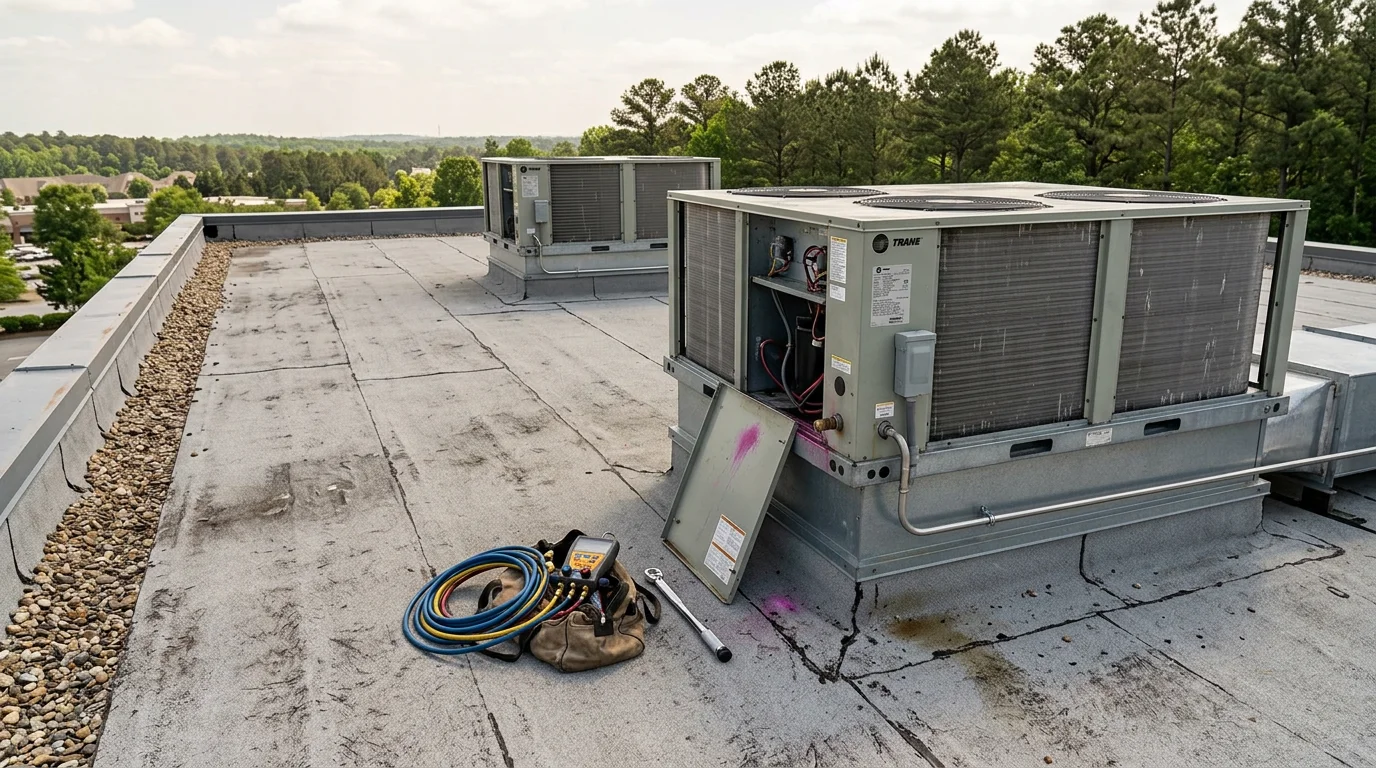A commercial HVAC rooftop unit being inspected by a technician on a flat-roof office building in Suwanee, Georgia. The image shows the unit, ductwork connections, and the surrounding commercial property on a clear day.