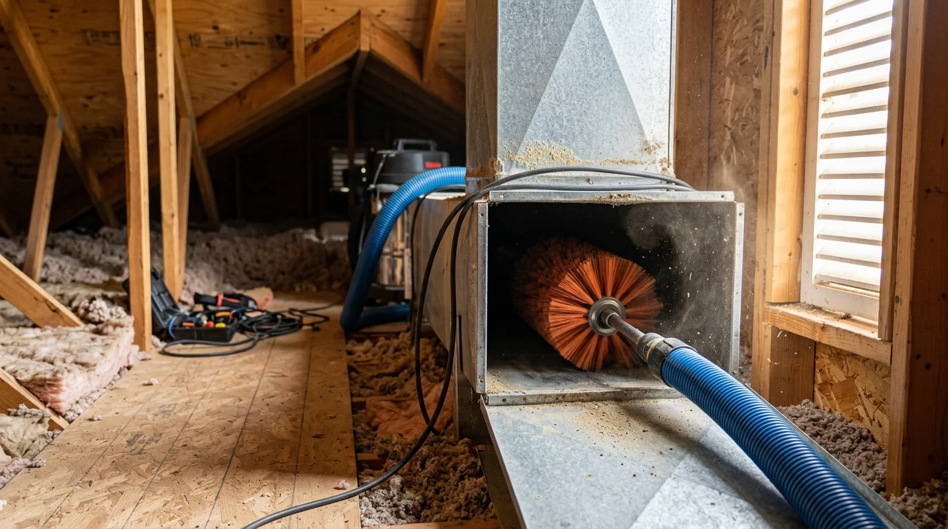 HVAC technician cleaning a residential air duct register in a Suwanee, Georgia home, with visible dust and debris being extracted from the ductwork. Supply vent and duct interior shown during a professional duct cleaning service call.