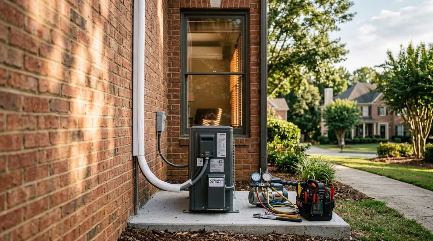 A wall-mounted ductless mini-split indoor air handler installed in a finished bonus room in Suwanee, Georgia, with a compact outdoor condenser unit visible through the window. The room shows a clean, unobtrusive installation with no visible ductwork.
