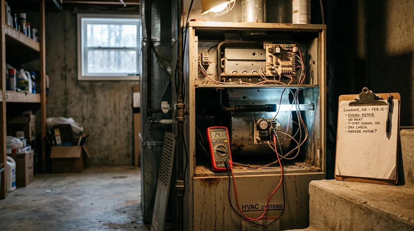 A furnace technician inspecting an interior heating unit in a Suwanee, Georgia home during a cold weather service call. The technician examines the burner and ignition components with diagnostic tools while the homeowner stands nearby.