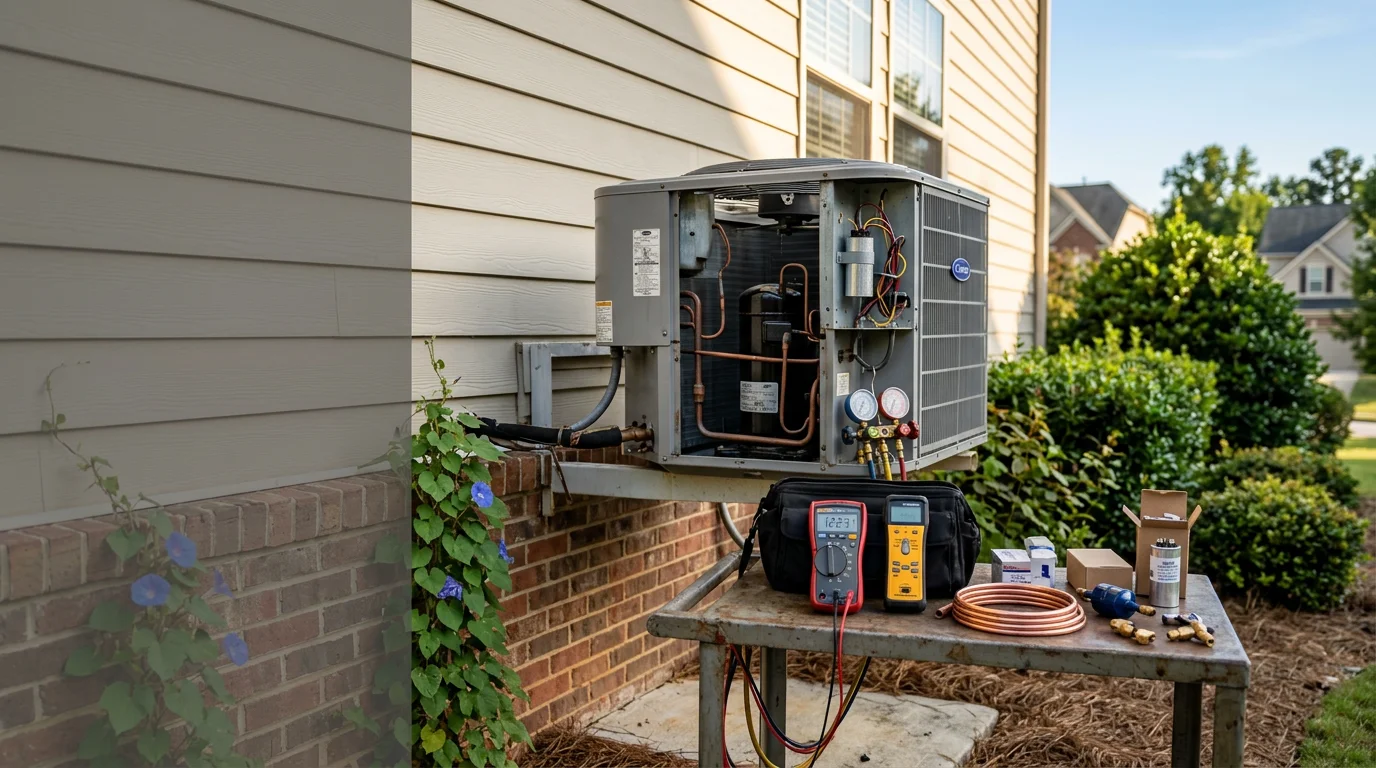 An HVAC technician inspecting an outdoor air conditioning unit at a residential home in Suwanee, Georgia on a hot summer day. The technician is checking components on the condenser unit while the home's siding and landscaping are visible in the background.