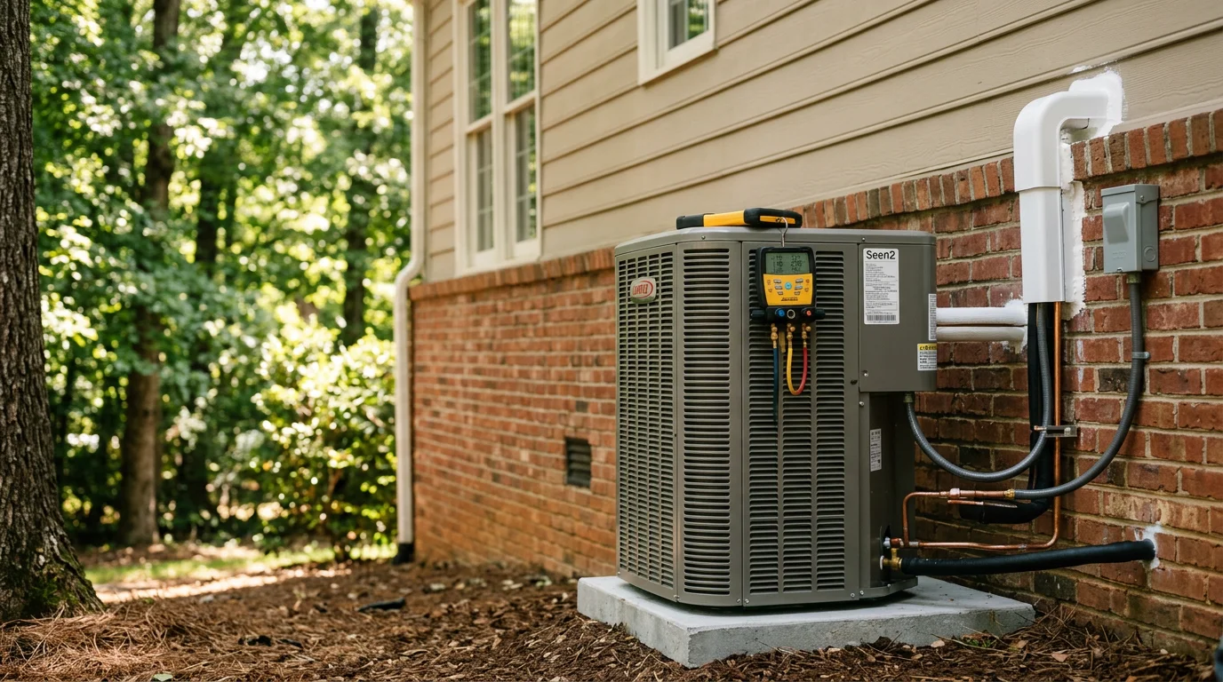 A residential HVAC unit installed beside a home in Suwanee, Georgia, with a technician from Fair Air Heating and Air Conditioning reviewing the system setup. The image shows an energy efficient cooling and heating system suited for North Georgia's hot, humid climate.