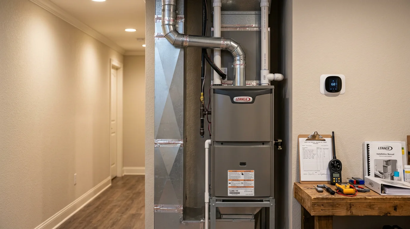 A newly installed furnace inside a utility room of a Suwanee, Georgia home, with clean ductwork connections and a digital thermostat visible on the wall.