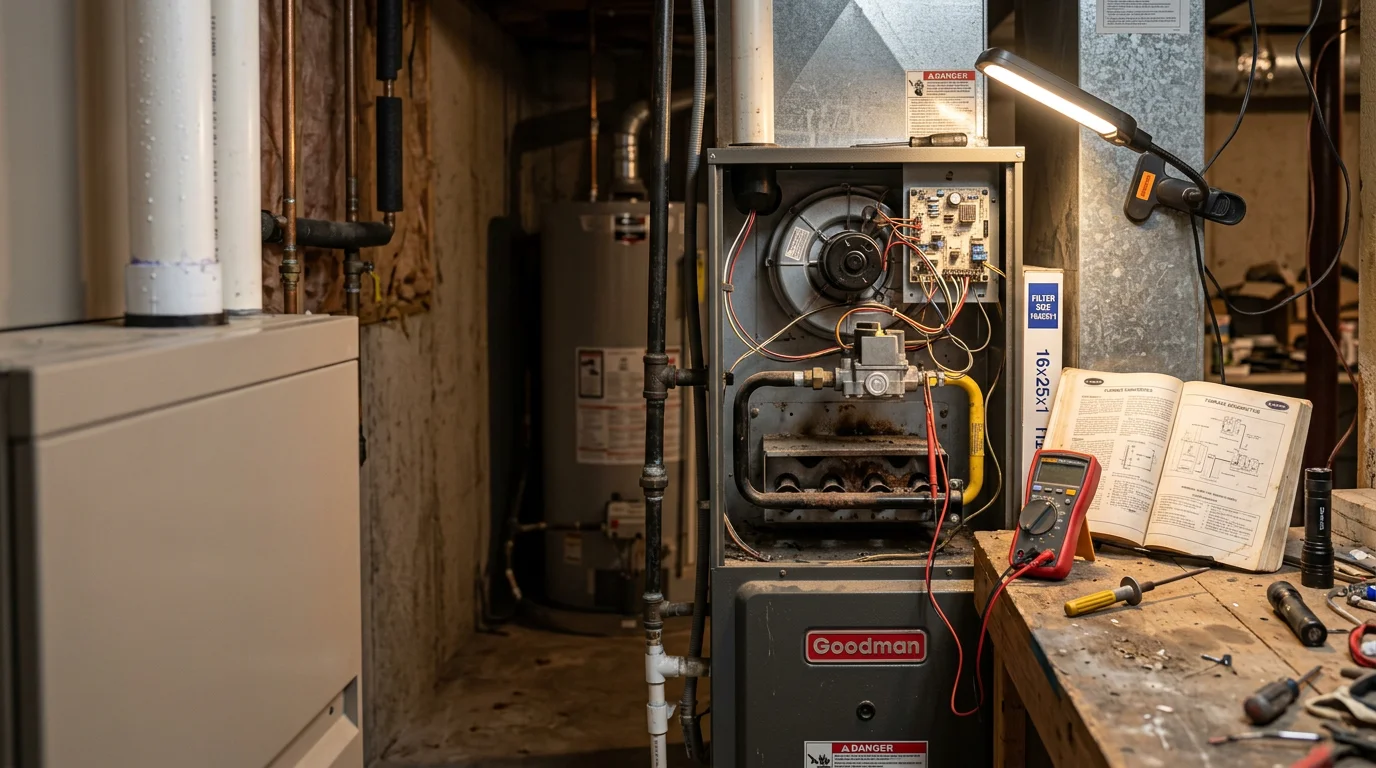 An HVAC technician inspecting the internal components of a residential furnace inside a home in Suwanee, Georgia. The technician checks the ignition system and blower motor during a furnace repair service call.