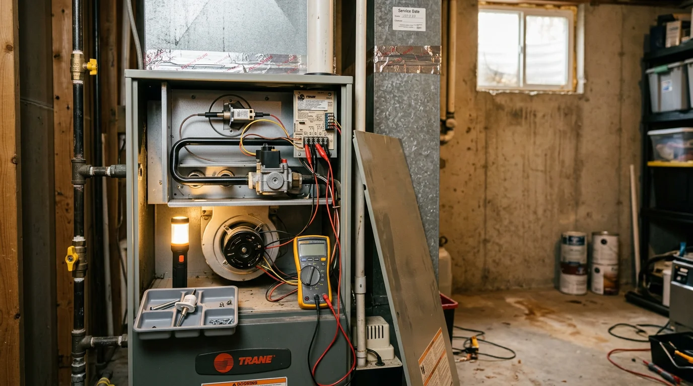 A Fair Air Heating and Air Conditioning technician inspecting an open furnace unit inside a Suwanee, Georgia home. The technician examines internal components including the burner assembly and heat exchanger during a furnace repair visit.