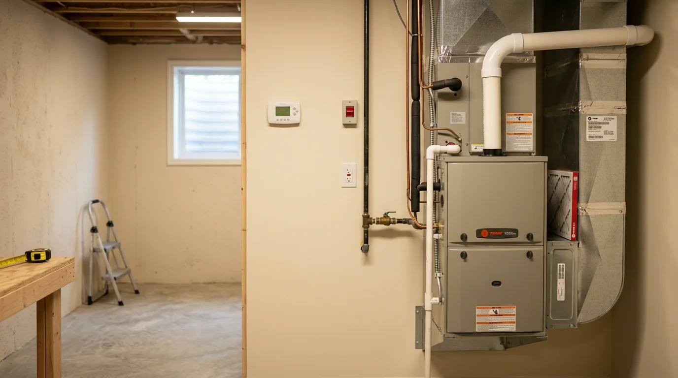 A new furnace installed in a utility room of a Suwanee, Georgia home, with clean ductwork connections and a digital thermostat visible on the wall. A Fair Air Heating and Air Conditioning technician checks the system controls during a furnace replacement visit.