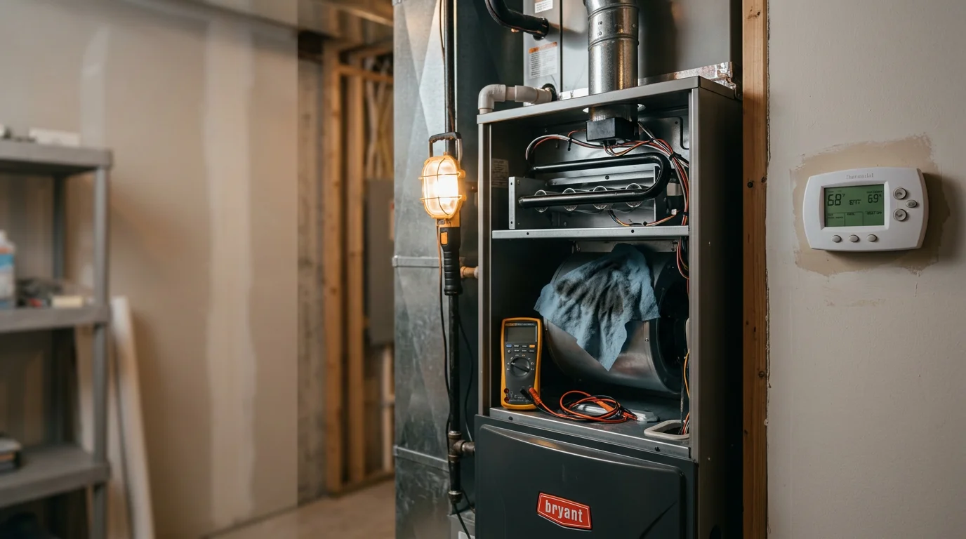 An HVAC technician inspecting and cleaning the burner assembly inside a residential gas furnace during an annual tune-up service call in Suwanee, Georgia. The furnace panel is open and the technician is using a flashlight to check the heat exchanger for wear.