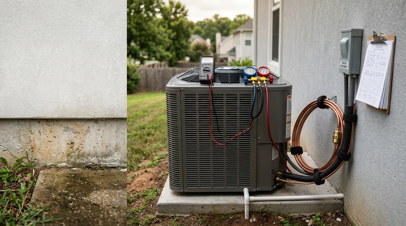 A heat pump outdoor unit installed beside a residential home in Suwanee, Georgia, with a technician from Fair Air Heating and Air Conditioning inspecting the unit during a service call.