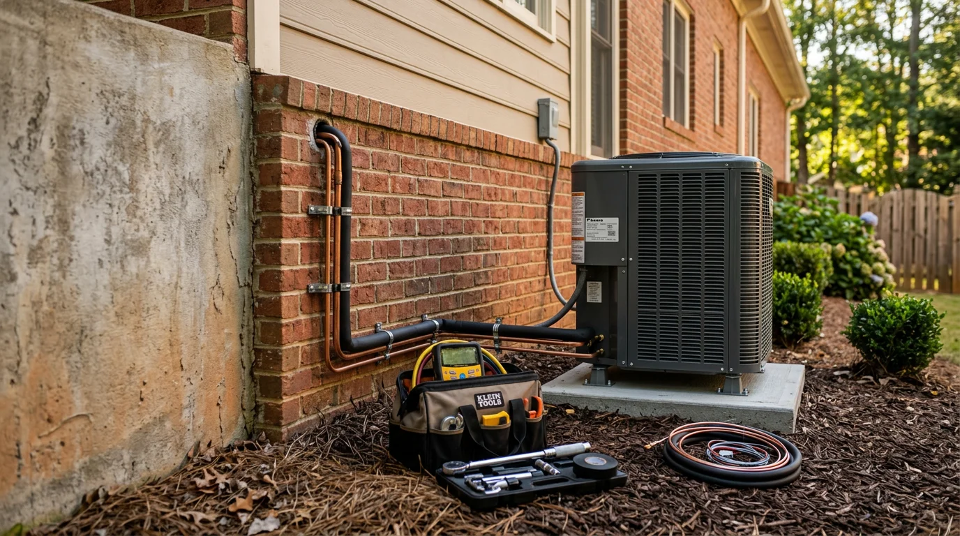 A newly installed heat pump outdoor unit beside a residential home in Suwanee, Georgia, with clean refrigerant line sets and a finished concrete pad. An HVAC technician from Fair Air Heating and Air Conditioning performs a final system check on the unit.