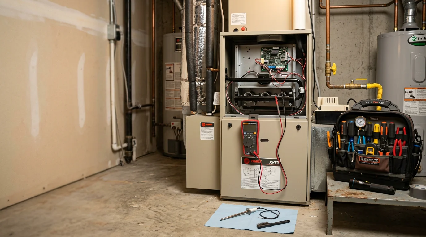 An HVAC technician inspecting a residential heating system inside a home in Suwanee, Georgia. The technician examines internal components of a furnace during a heater repair service call.