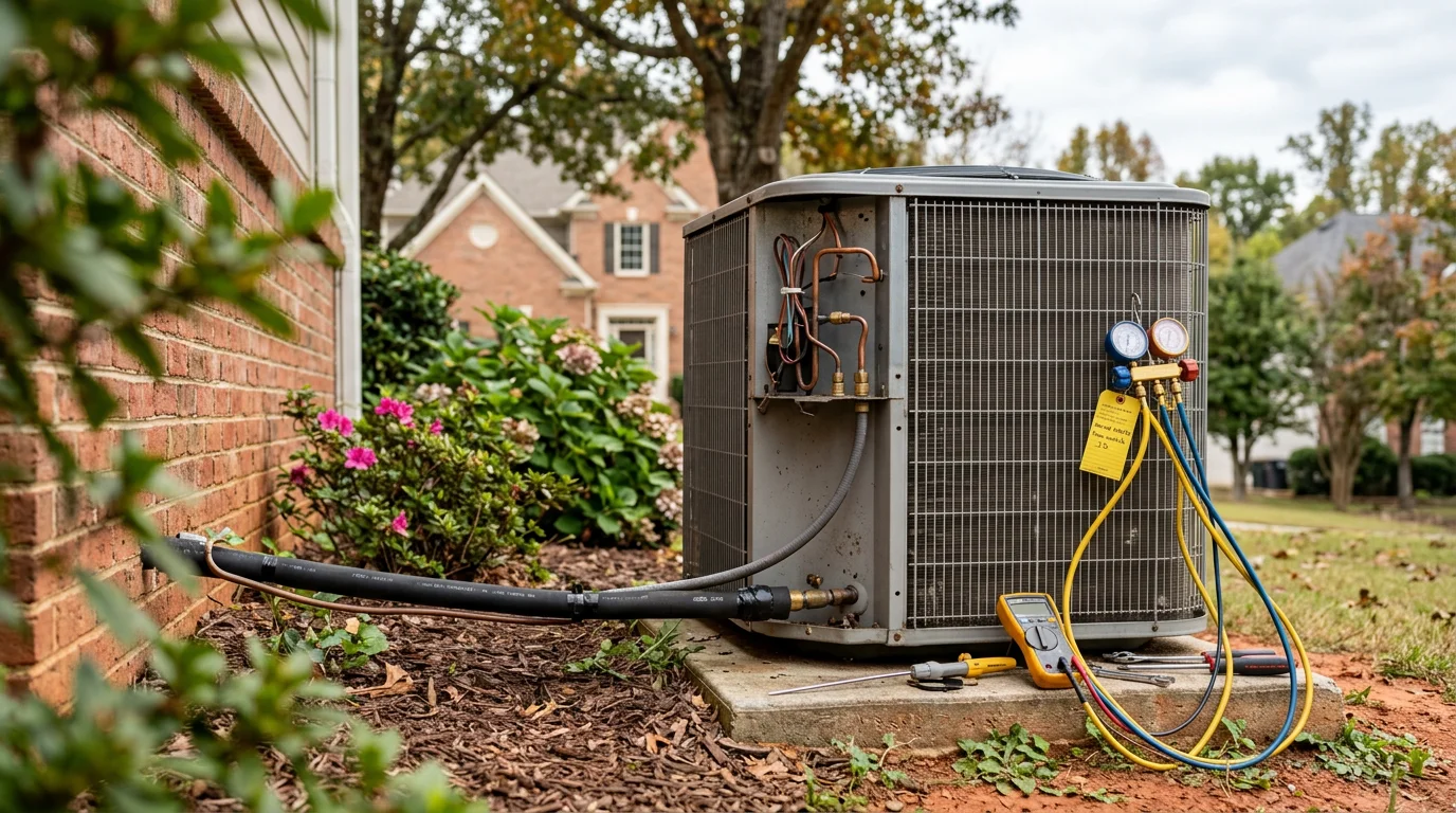 An HVAC technician inspecting an outdoor air conditioning unit at a residential home in Suwanee, Georgia. The home sits in a suburban subdivision typical of the North Gwinnett area.
