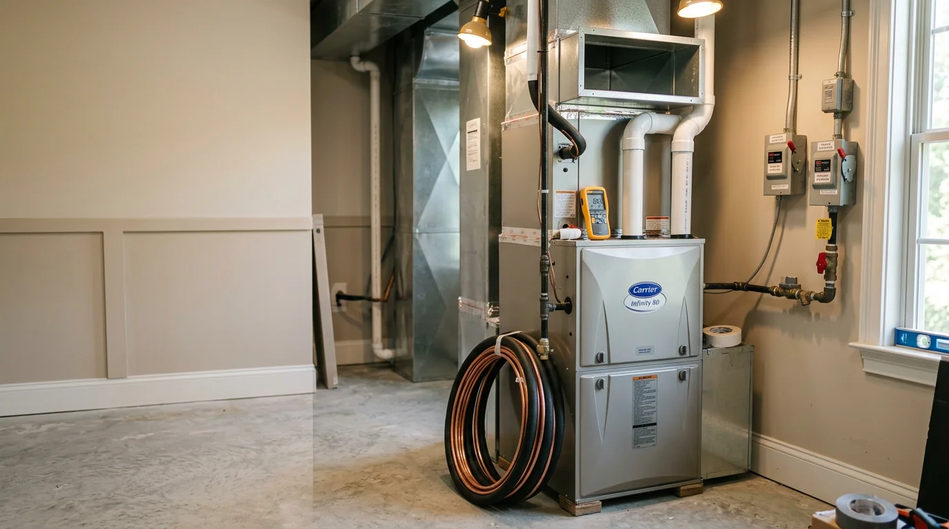 A technician from Fair Air Heating and Air Conditioning completing a heating system installation in a residential home in Suwanee, Georgia. The image shows the indoor unit and connected ductwork in a finished utility area of a single-family home.