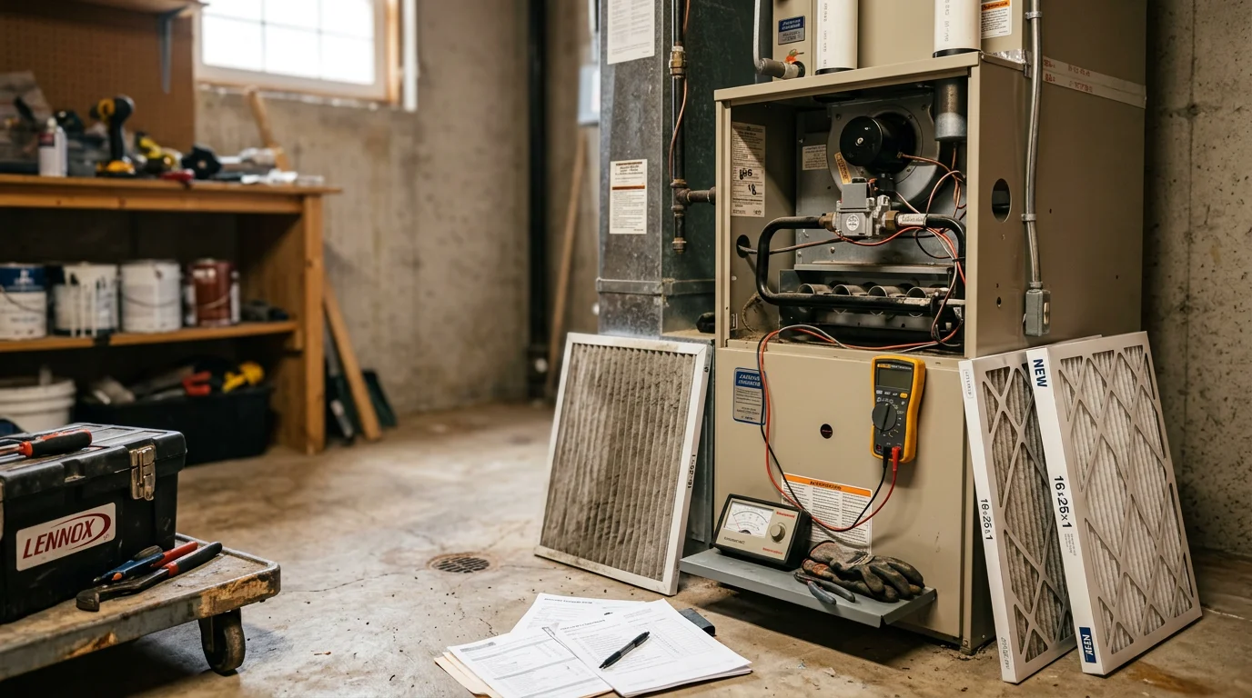 A Fair Air Heating and Air Conditioning technician inspecting a residential furnace during a heating system maintenance visit in Suwanee, Georgia. The technician checks internal components inside a utility room of a suburban home.