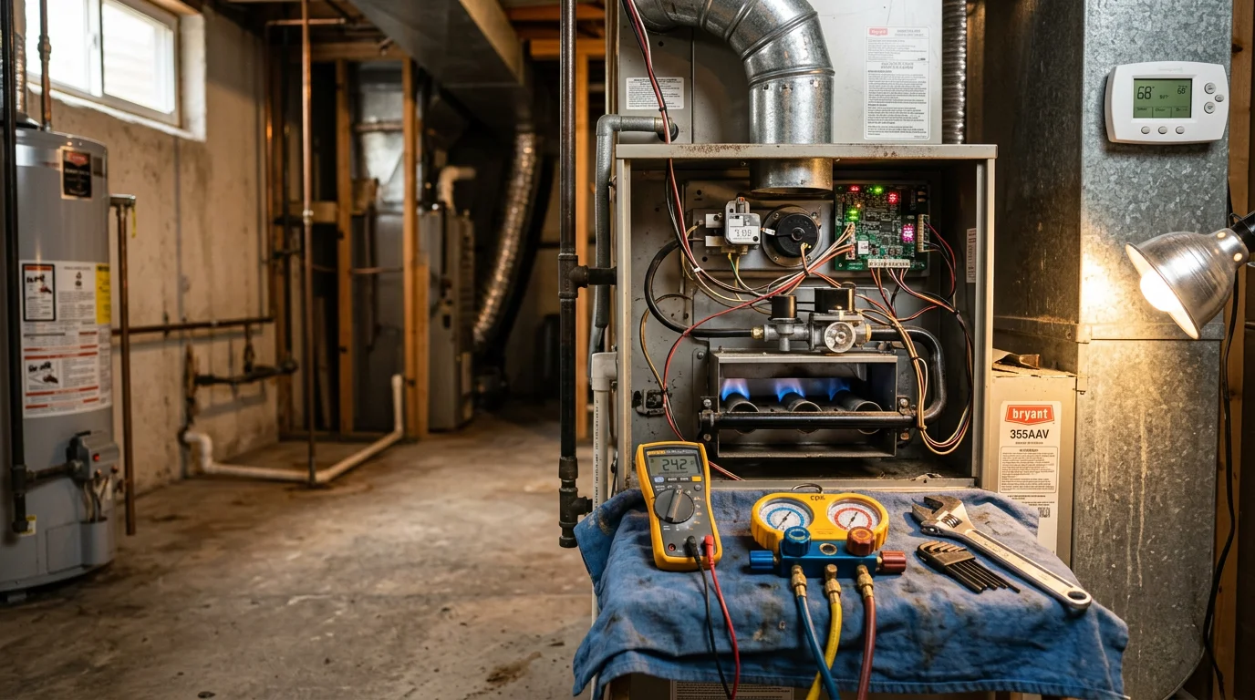 An HVAC technician inspecting a residential furnace unit inside a Suwanee, Georgia home during a heating system repair visit. The technician examines internal components with a diagnostic tool while the system panel is open.