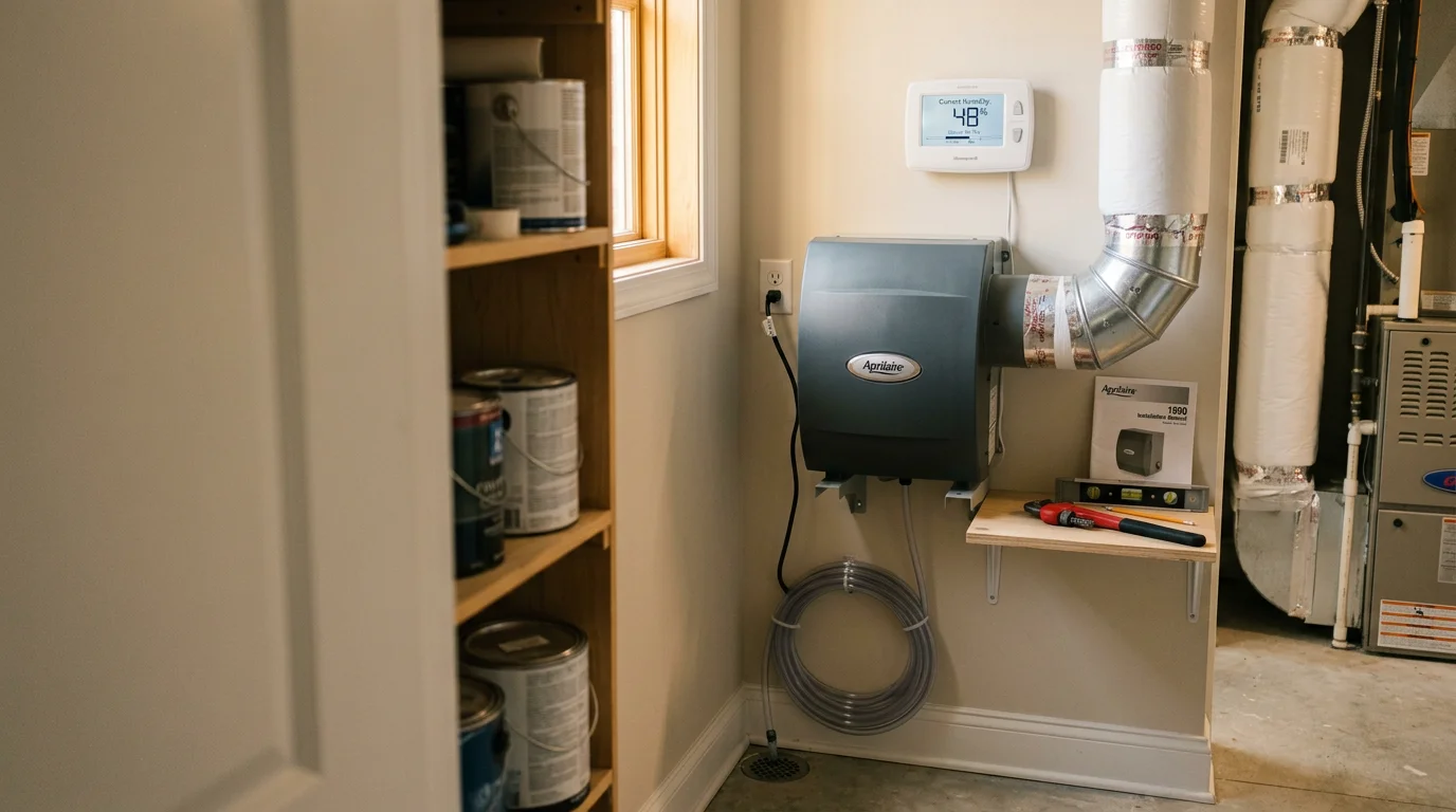 A whole-home dehumidifier unit installed alongside an HVAC system in a residential utility room in Suwanee, Georgia. The system connects to existing ductwork to manage indoor moisture levels throughout the home.