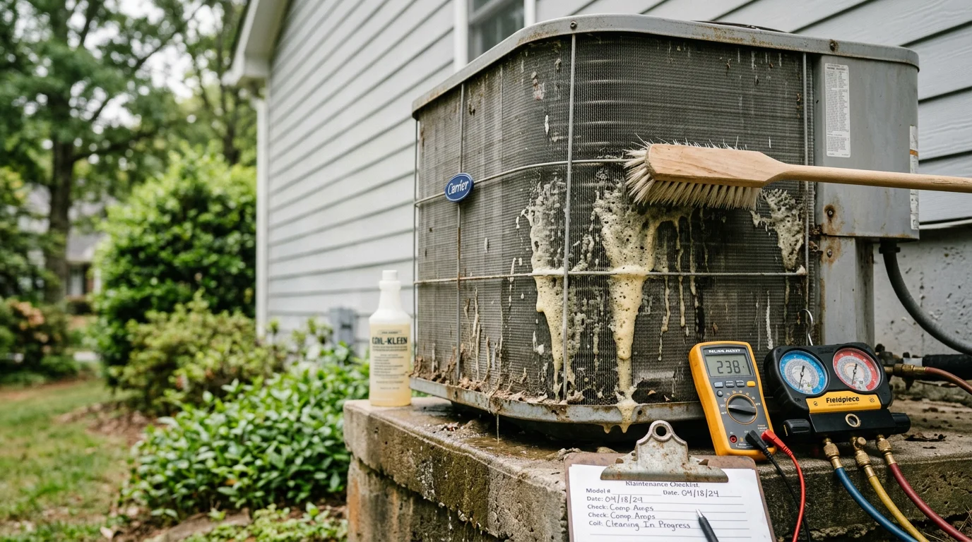 A Fair Air Heating and Air Conditioning technician inspecting an outdoor AC condenser unit during a seasonal tune-up at a residential home in Suwanee, Georgia. The technician checks coil condition and electrical connections on a clear day.