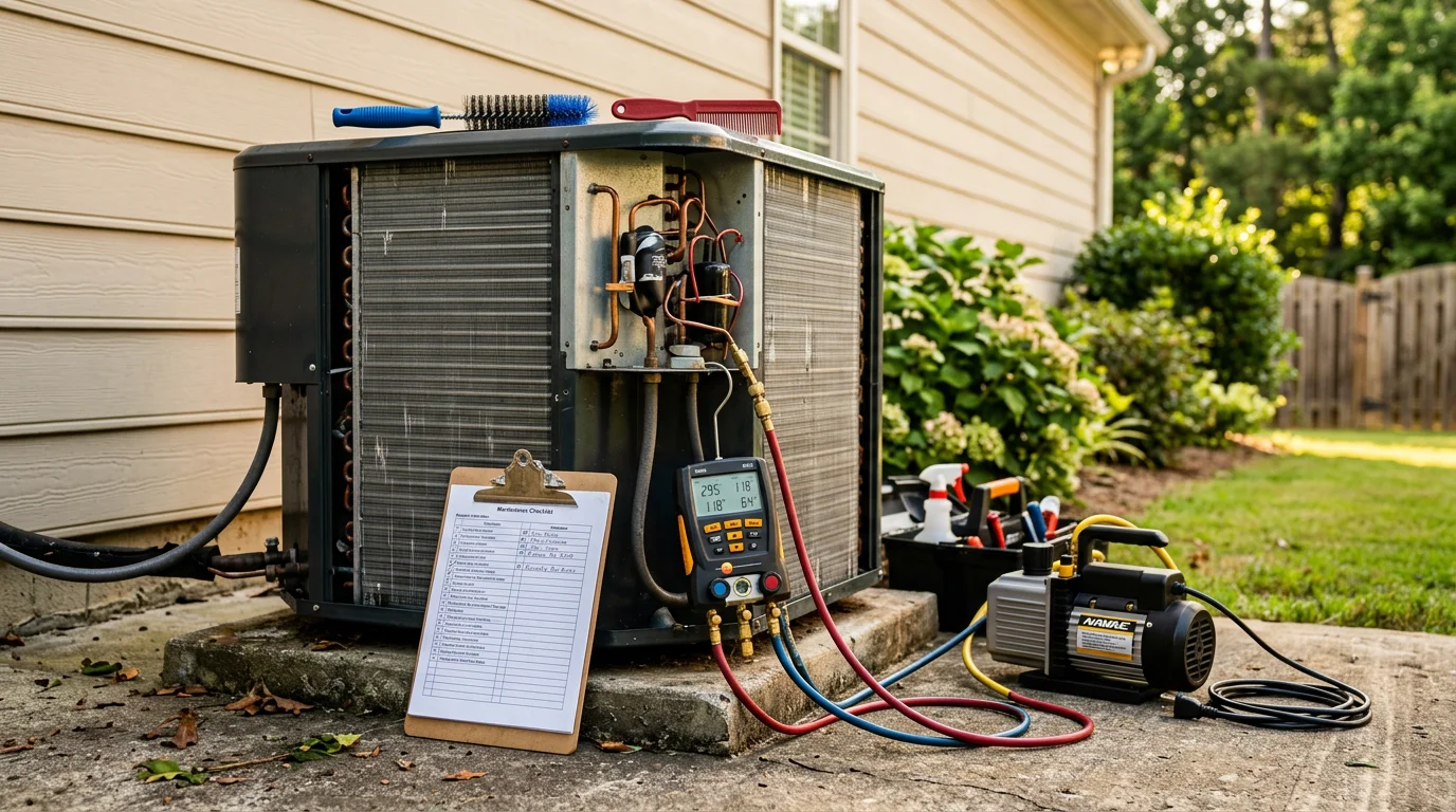 A Fair Air Heating and Air Conditioning technician inspecting an outdoor HVAC unit at a residential home in Suwanee, Georgia. The technician checks internal components during a preventive maintenance visit on a clear day.